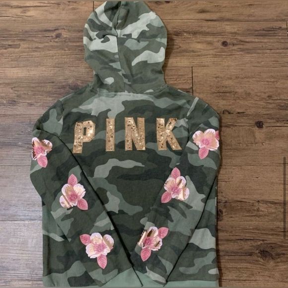 PINK VS CAMO FLORAL BLING HOODIE L - Picture 5 of 7